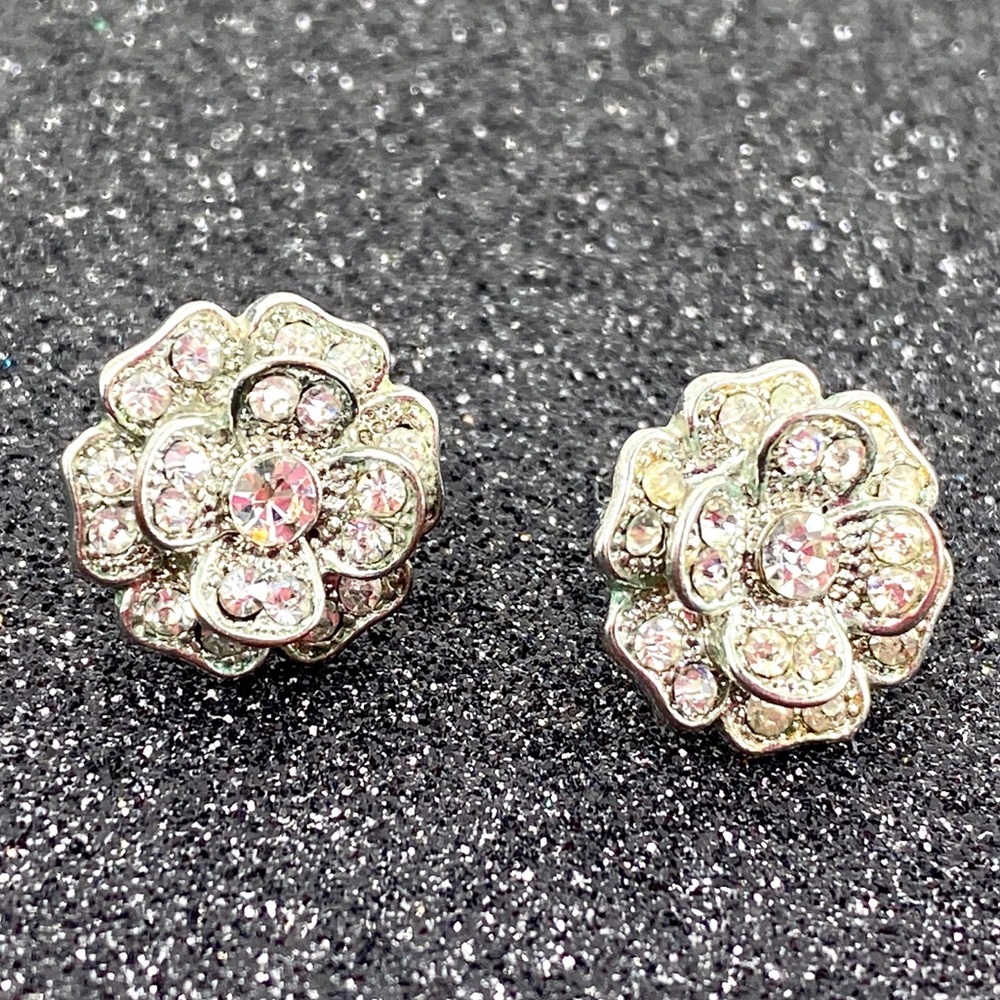 Vintage Rhinestone Flower Earrings Sparkly Glitz